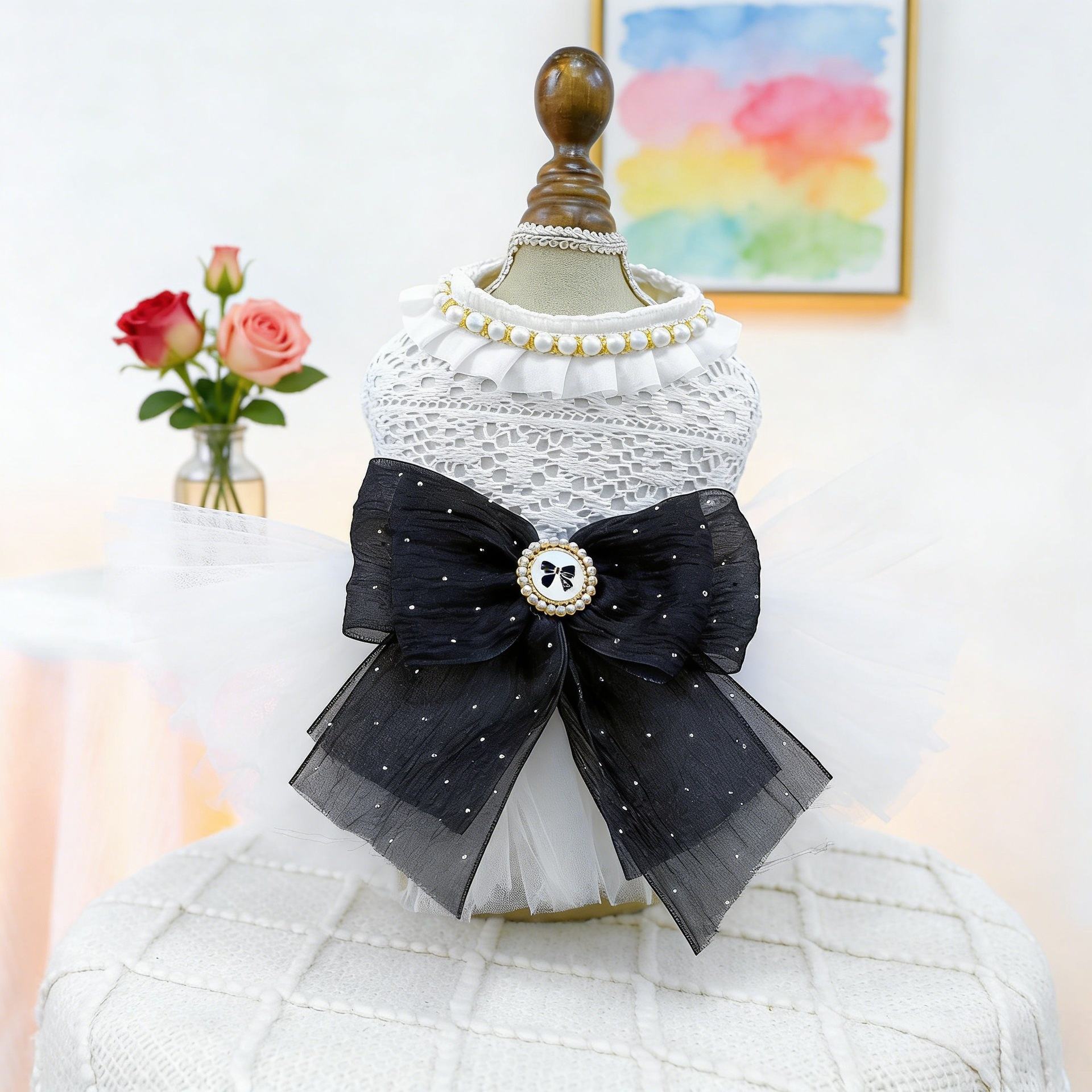 Factory Direct White Lace Tulle Dog Dress with Black Bow
