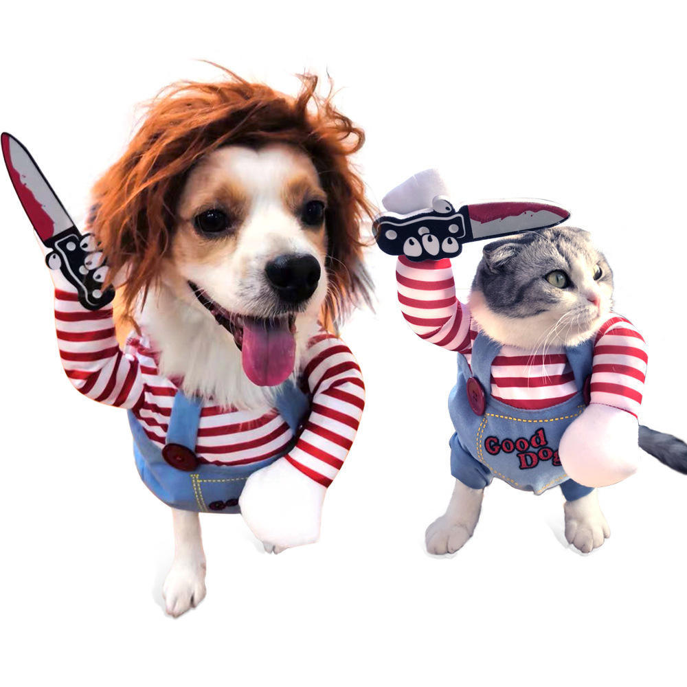 Factory Direct Funny Horror Doll Pet Costume with Wig & Faux Knife | Halloween Dog and Cat Outfit
