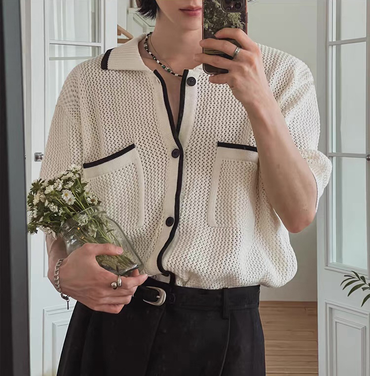 customized Men’s Ivory Contrast Trim Short Sleeve Knit Shirt