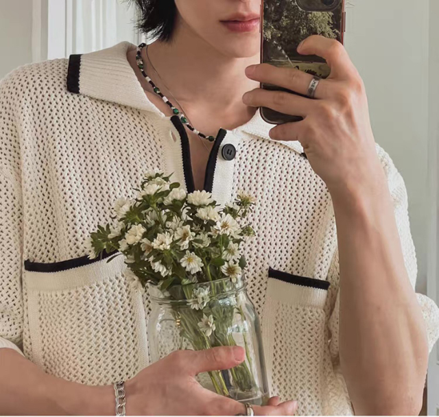 customized Men’s Ivory Contrast Trim Short Sleeve Knit Shirt