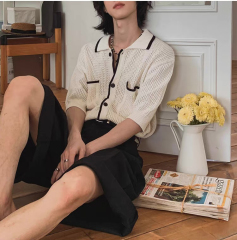 customized Men’s Ivory Contrast Trim Short Sleeve Knit Shirt