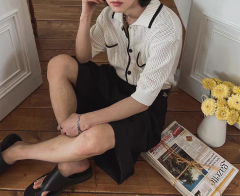 customized Men’s Ivory Contrast Trim Short Sleeve Knit Shirt
