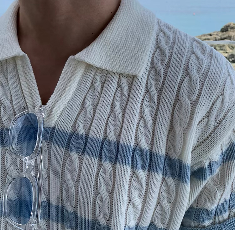 Personalized Men’s Cream Blue Stripe Cable Knit Polo Shirt