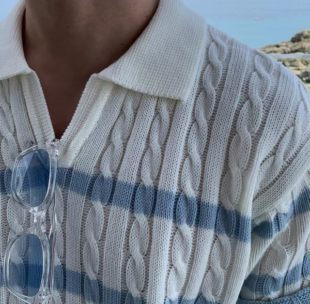 Personalized Men’s Cream Blue Stripe Cable Knit Polo Shirt