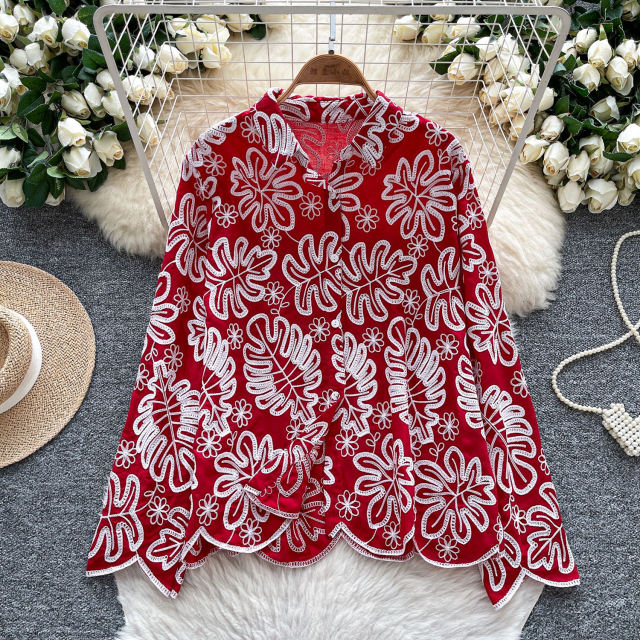 Made-to-order Women’s Red Floral Embroidered Hooded Blouse