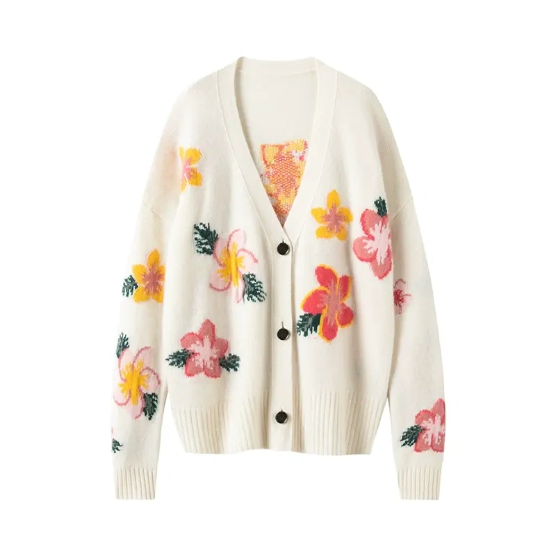 Wholesale Ivory Women’s Ivory Floral Embroidered V-Neck Knit Cardigan