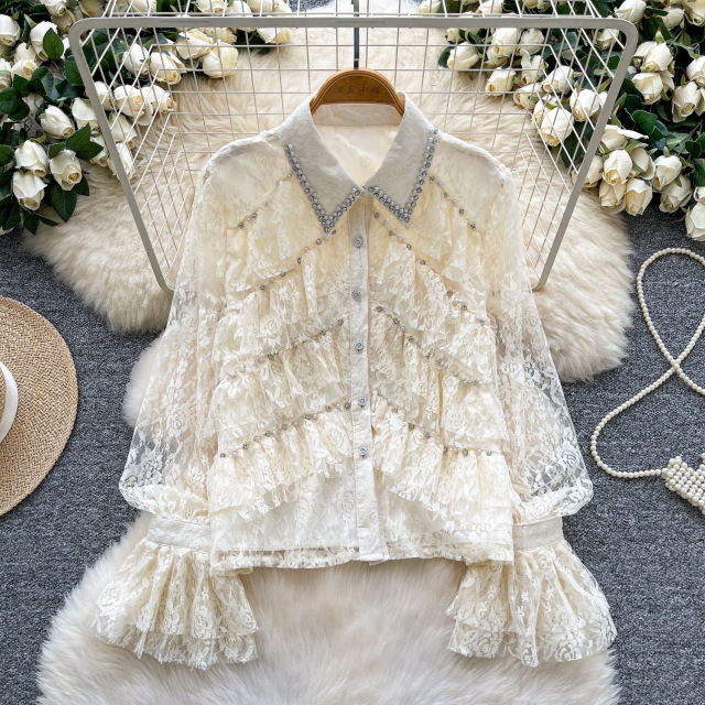 Wholesale Ivory Women’s Brown Lace Ruffle Blouse with Pearl Beaded Collar