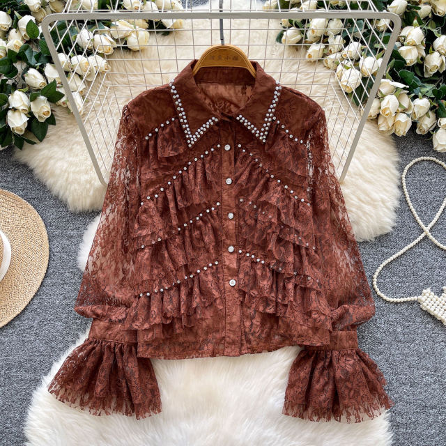 Wholesale Ivory Women’s Brown Lace Ruffle Blouse with Pearl Beaded Collar