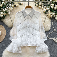 Wholesale Ivory Women’s Brown Lace Ruffle Blouse with Pearl Beaded Collar