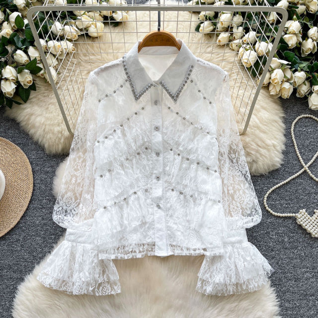 Wholesale Ivory Women’s Brown Lace Ruffle Blouse with Pearl Beaded Collar