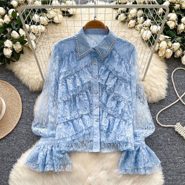 Wholesale Ivory Women’s Brown Lace Ruffle Blouse with Pearl Beaded Collar