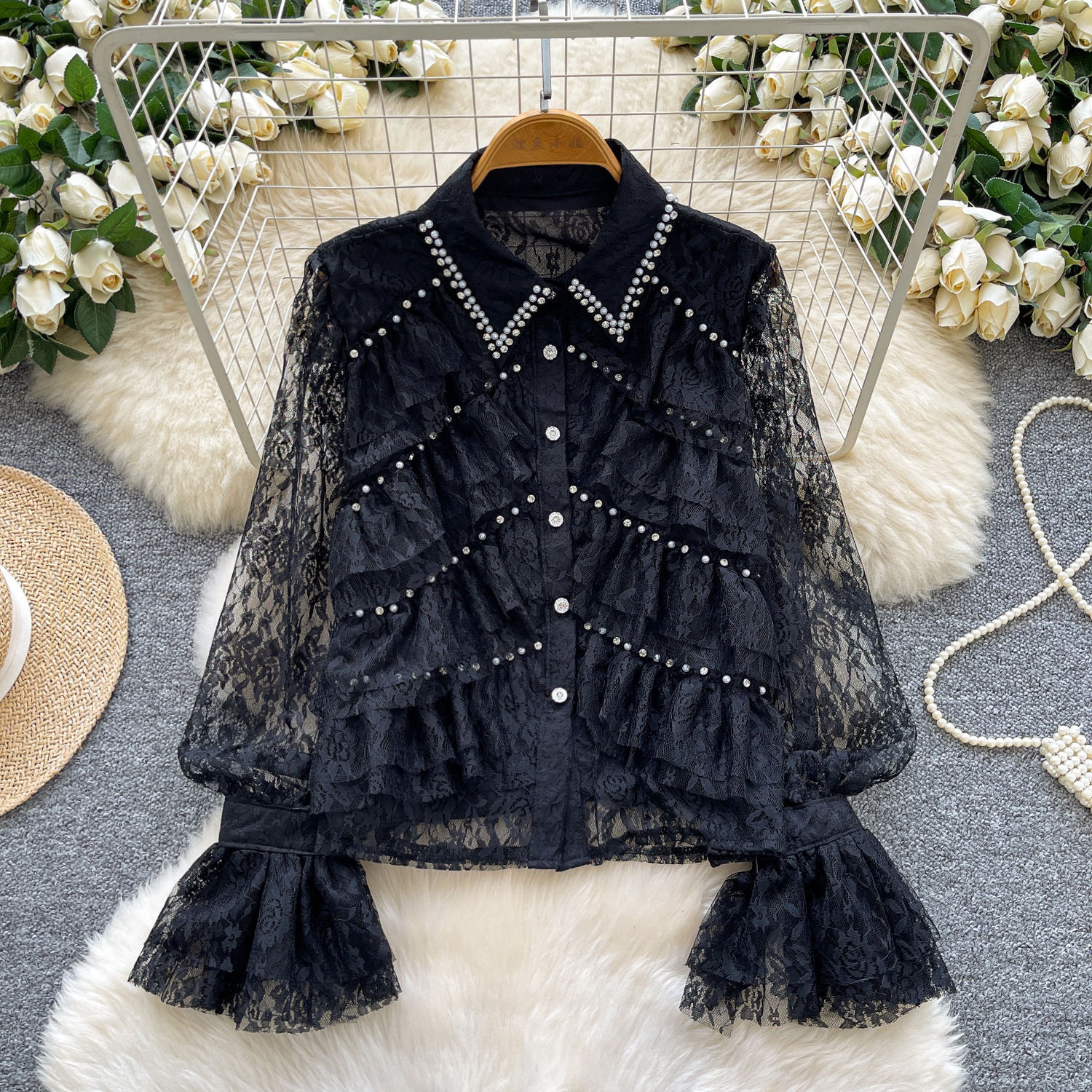 Wholesale Ivory Women’s Brown Lace Ruffle Blouse with Pearl Beaded Collar