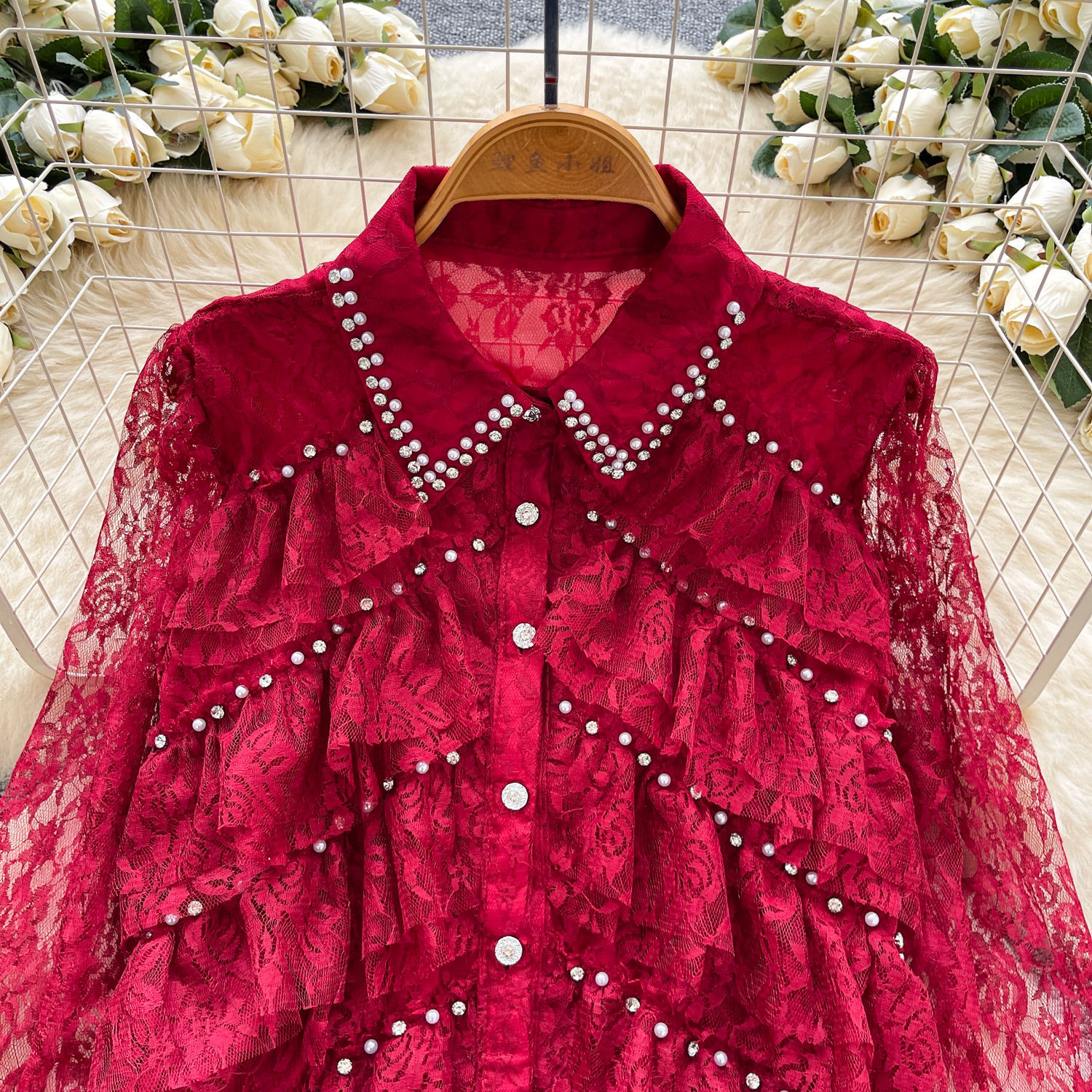 Wholesale Ivory Women’s Brown Lace Ruffle Blouse with Pearl Beaded Collar