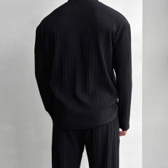 Factory Direct Men’s Black Pleated V-Neck Button-Up Cardigan Shirt