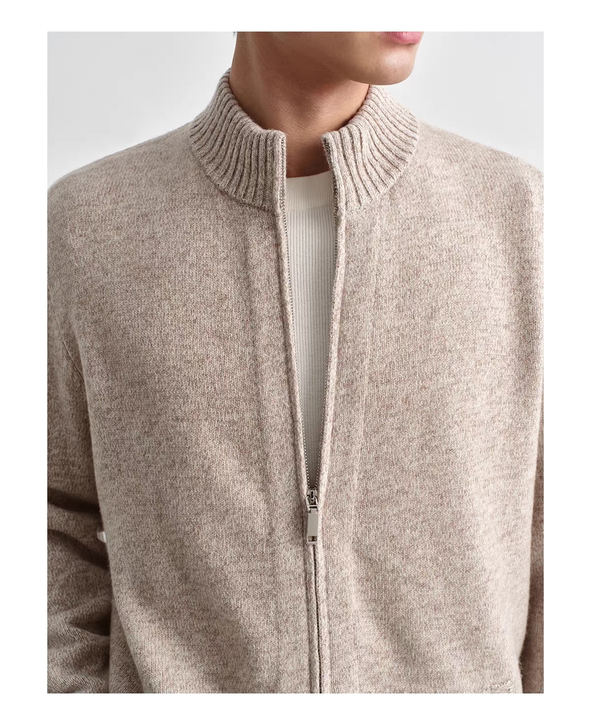 Personalized  Men’s Beige Full-Zip Mock Neck Knit Cardigan Sweater