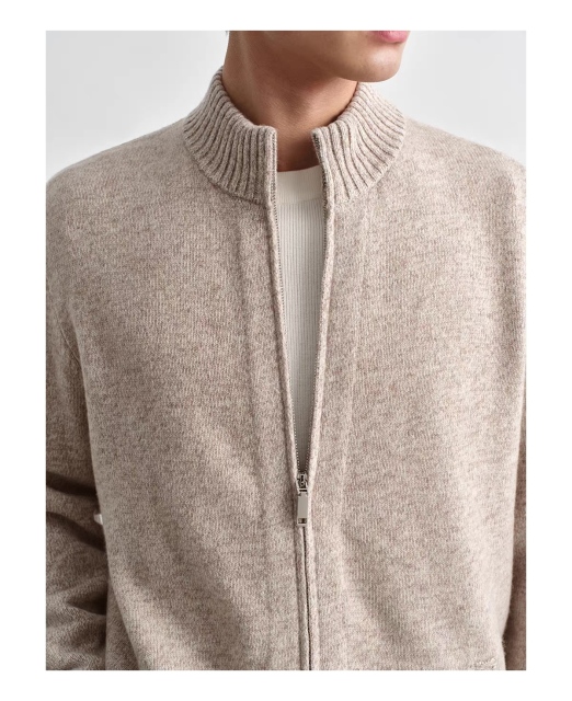 Personalized  Men’s Beige Full-Zip Mock Neck Knit Cardigan Sweater