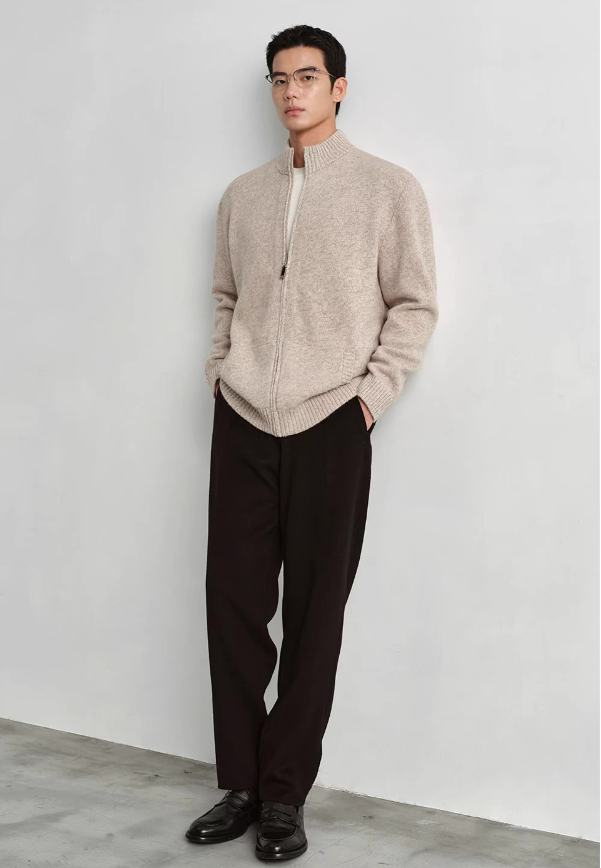 Personalized  Men’s Beige Full-Zip Mock Neck Knit Cardigan Sweater