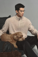 Personalized  Men’s Beige Full-Zip Mock Neck Knit Cardigan Sweater