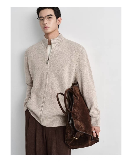 Personalized  Men’s Beige Full-Zip Mock Neck Knit Cardigan Sweater