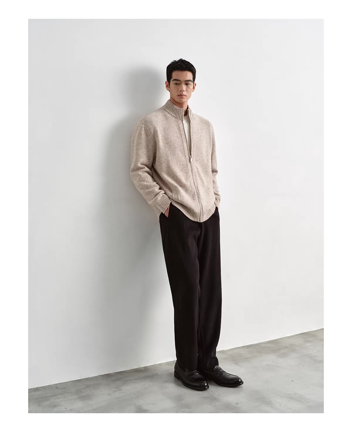 Personalized  Men’s Beige Full-Zip Mock Neck Knit Cardigan Sweater