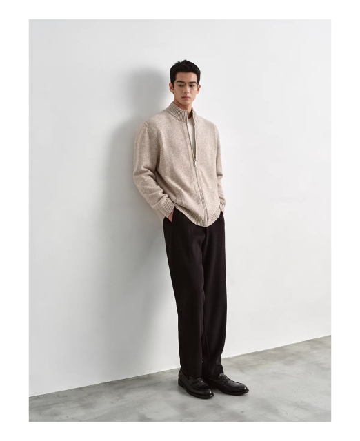 Personalized  Men’s Beige Full-Zip Mock Neck Knit Cardigan Sweater