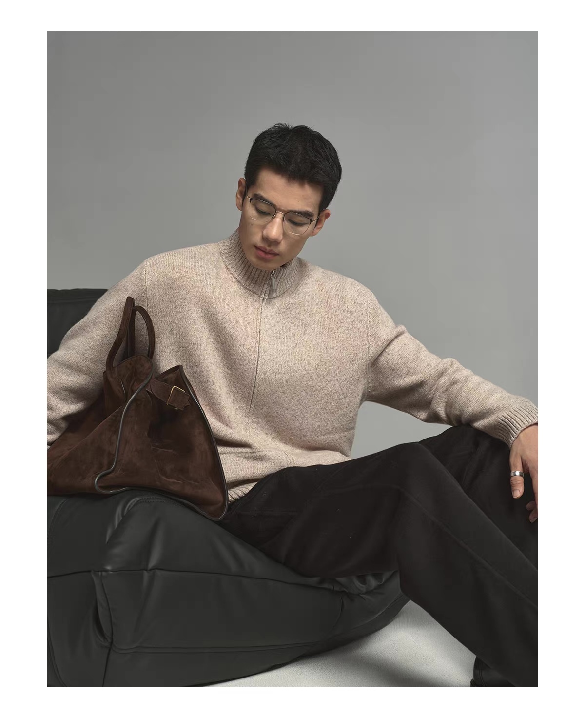 Personalized  Men’s Beige Full-Zip Mock Neck Knit Cardigan Sweater