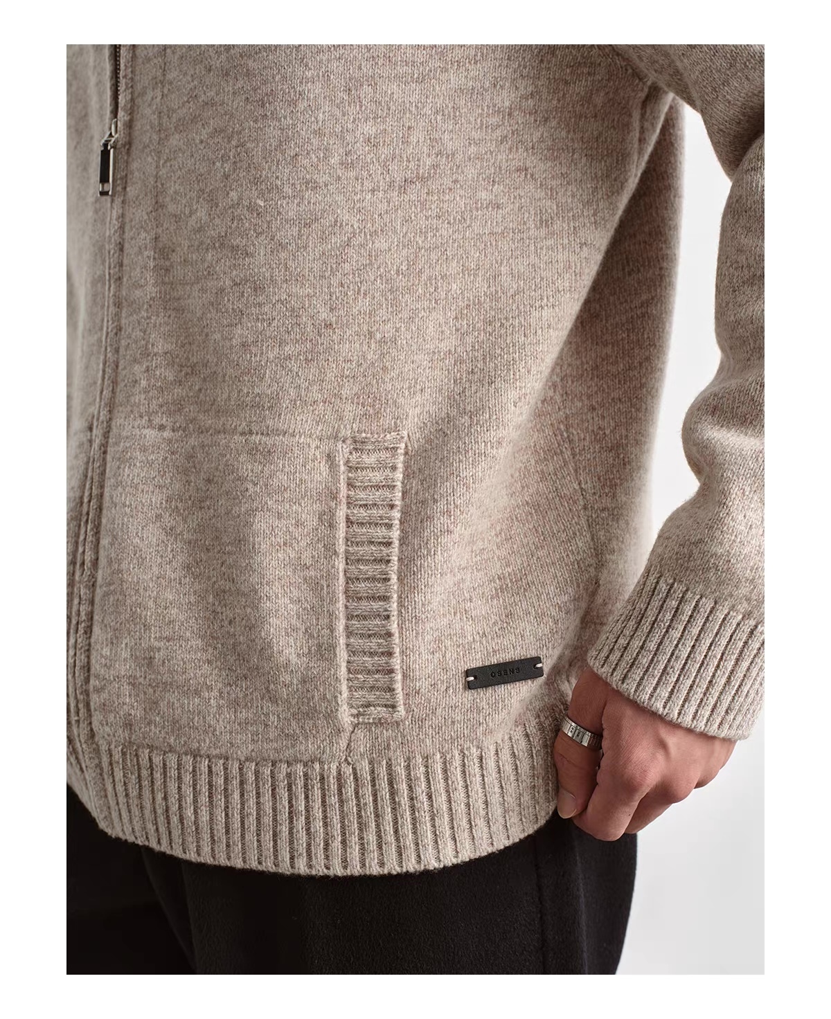 Personalized  Men’s Beige Full-Zip Mock Neck Knit Cardigan Sweater