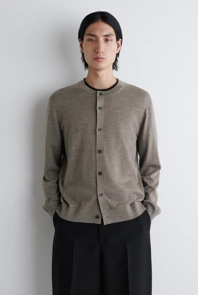 ODM OEM Men’s Taupe Crew Neck Button-Up Knit Cardigan