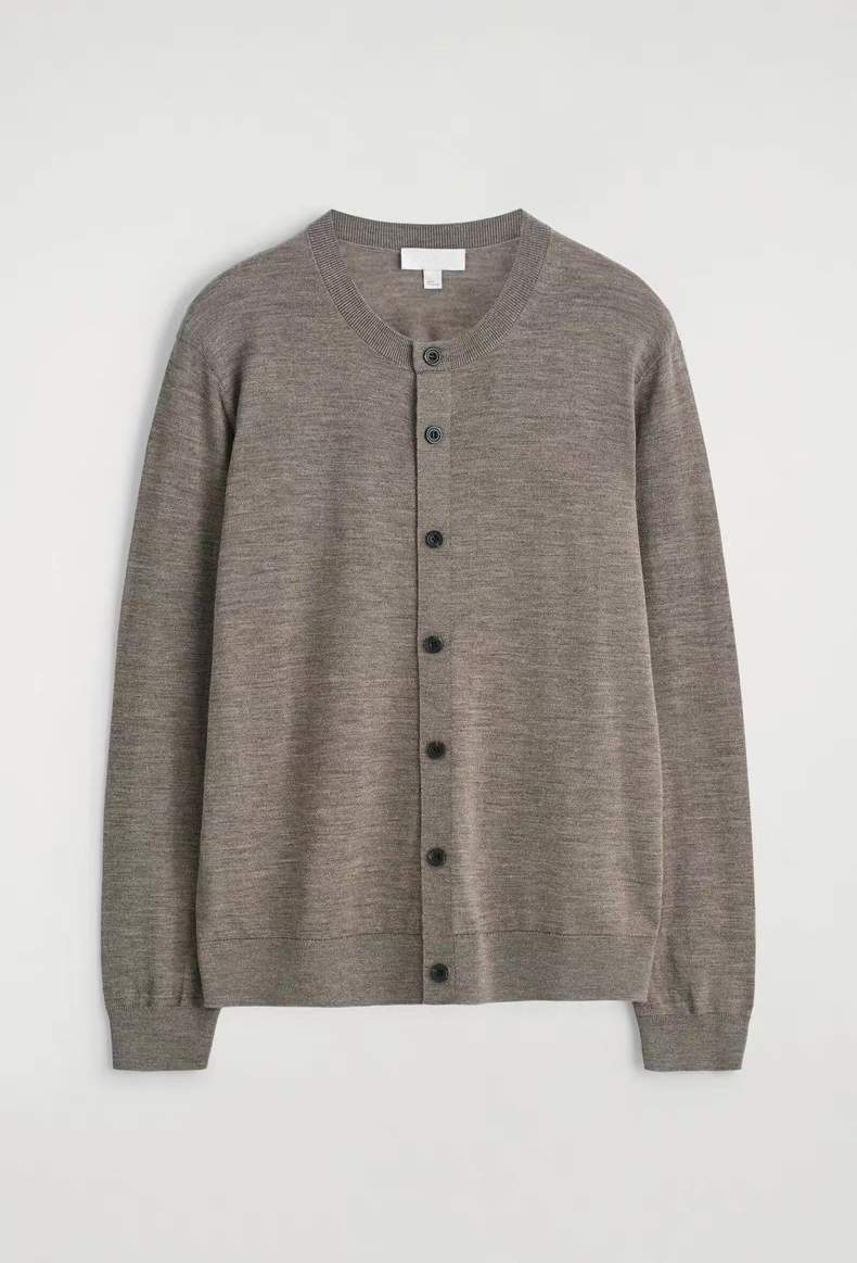 ODM OEM Men’s Taupe Crew Neck Button-Up Knit Cardigan