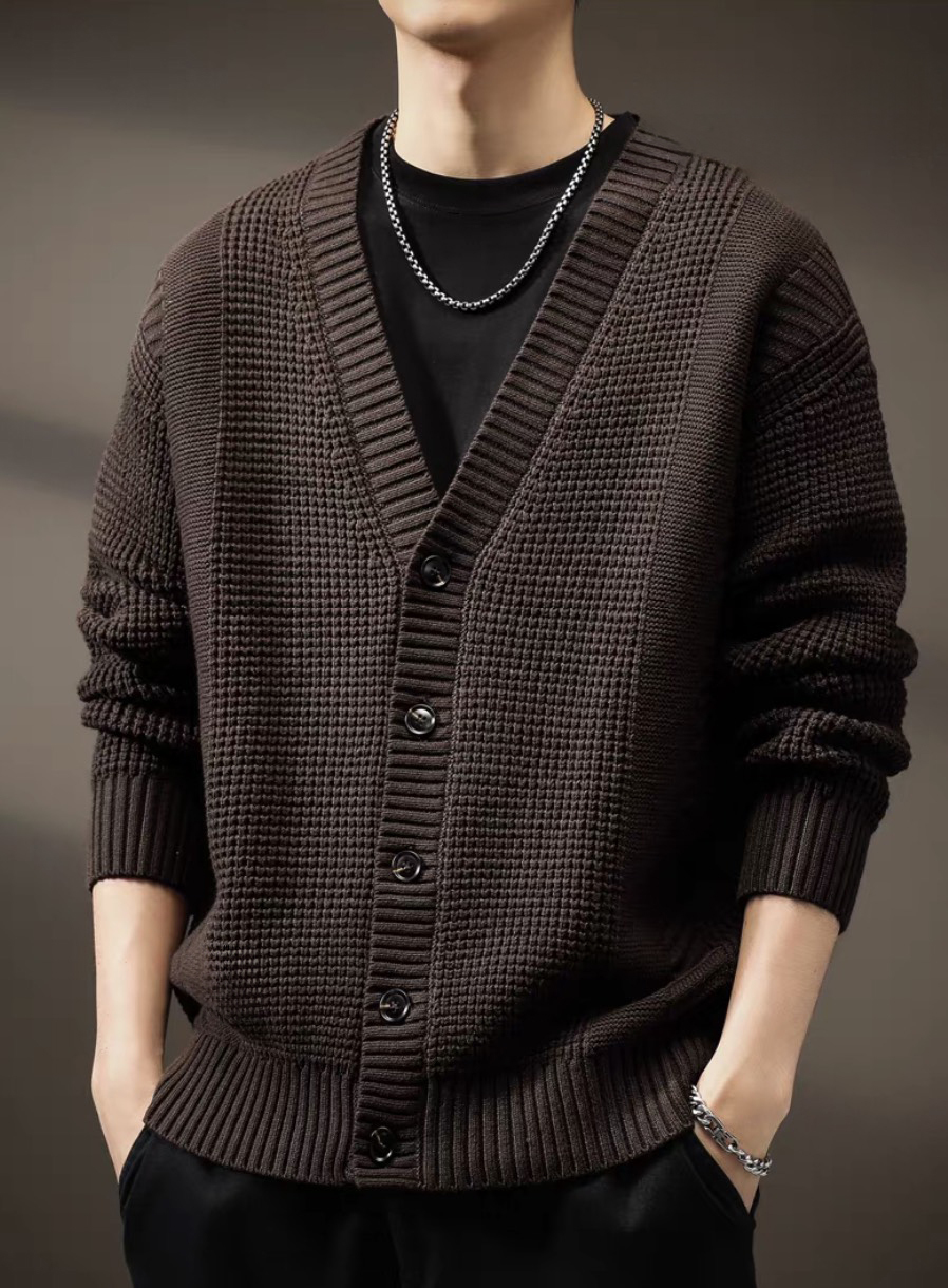 Made-to-order Men’s Dark Brown Textured V-Neck Button-Up Knit Cardigan