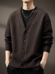 Made-to-order Men’s Dark Brown Textured V-Neck Button-Up Knit Cardigan