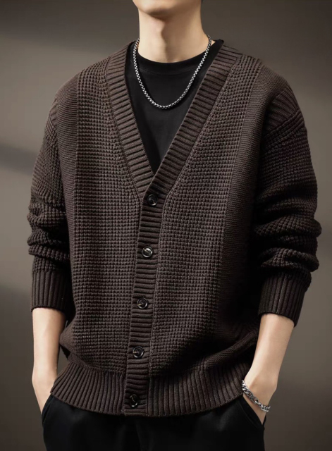 Made-to-order Men’s Dark Brown Textured V-Neck Button-Up Knit Cardigan