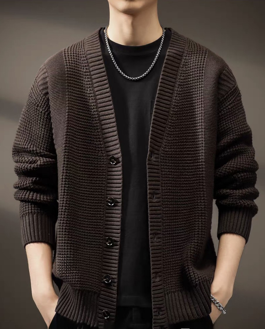 Made-to-order Men’s Dark Brown Textured V-Neck Button-Up Knit Cardigan