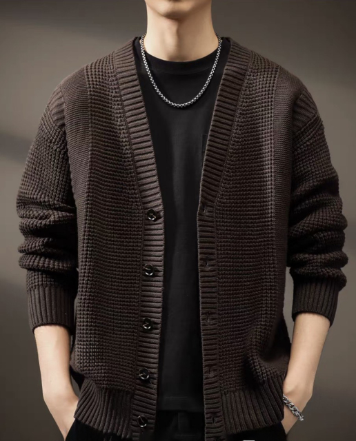 Made-to-order Men’s Dark Brown Textured V-Neck Button-Up Knit Cardigan