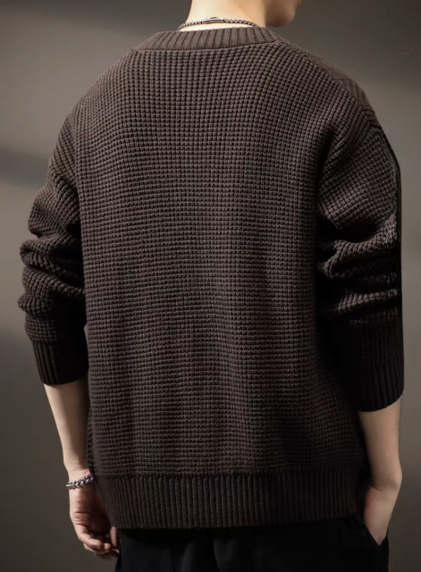 Made-to-order Men’s Dark Brown Textured V-Neck Button-Up Knit Cardigan