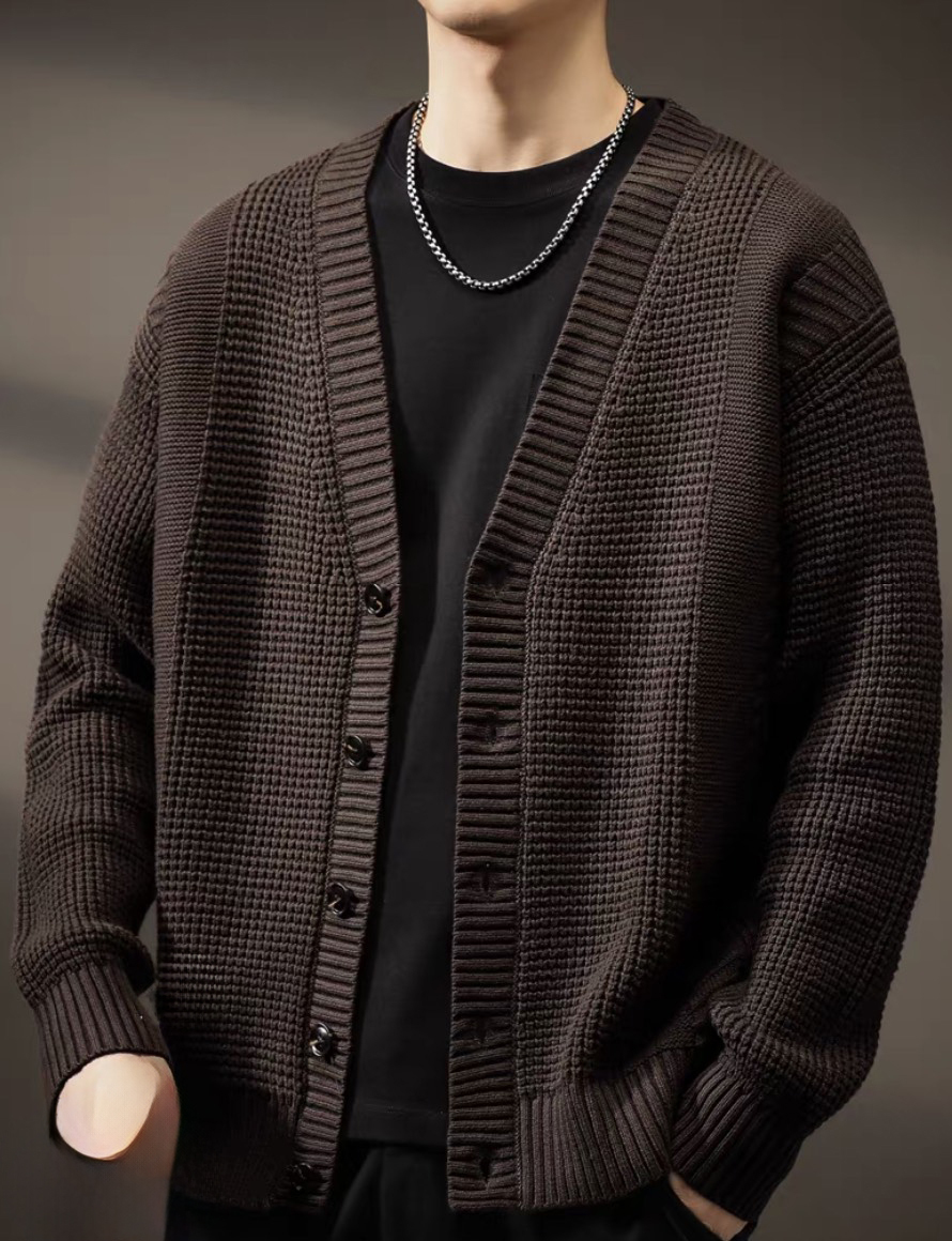 Made-to-order Men’s Dark Brown Textured V-Neck Button-Up Knit Cardigan