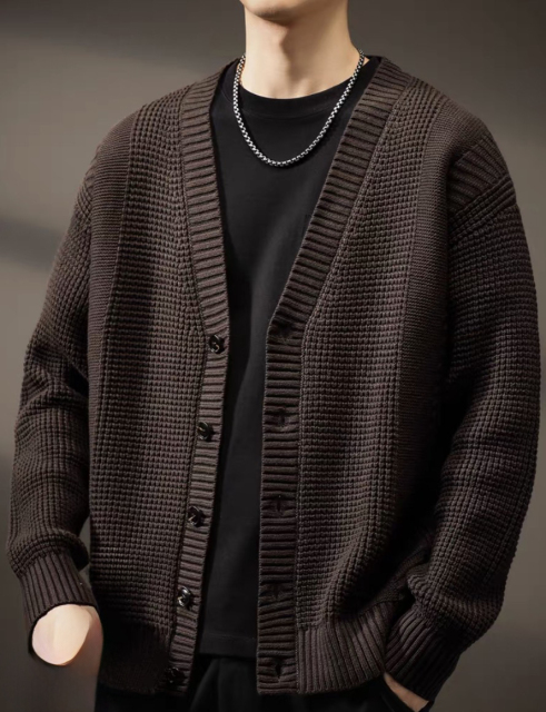 Made-to-order Men’s Dark Brown Textured V-Neck Button-Up Knit Cardigan