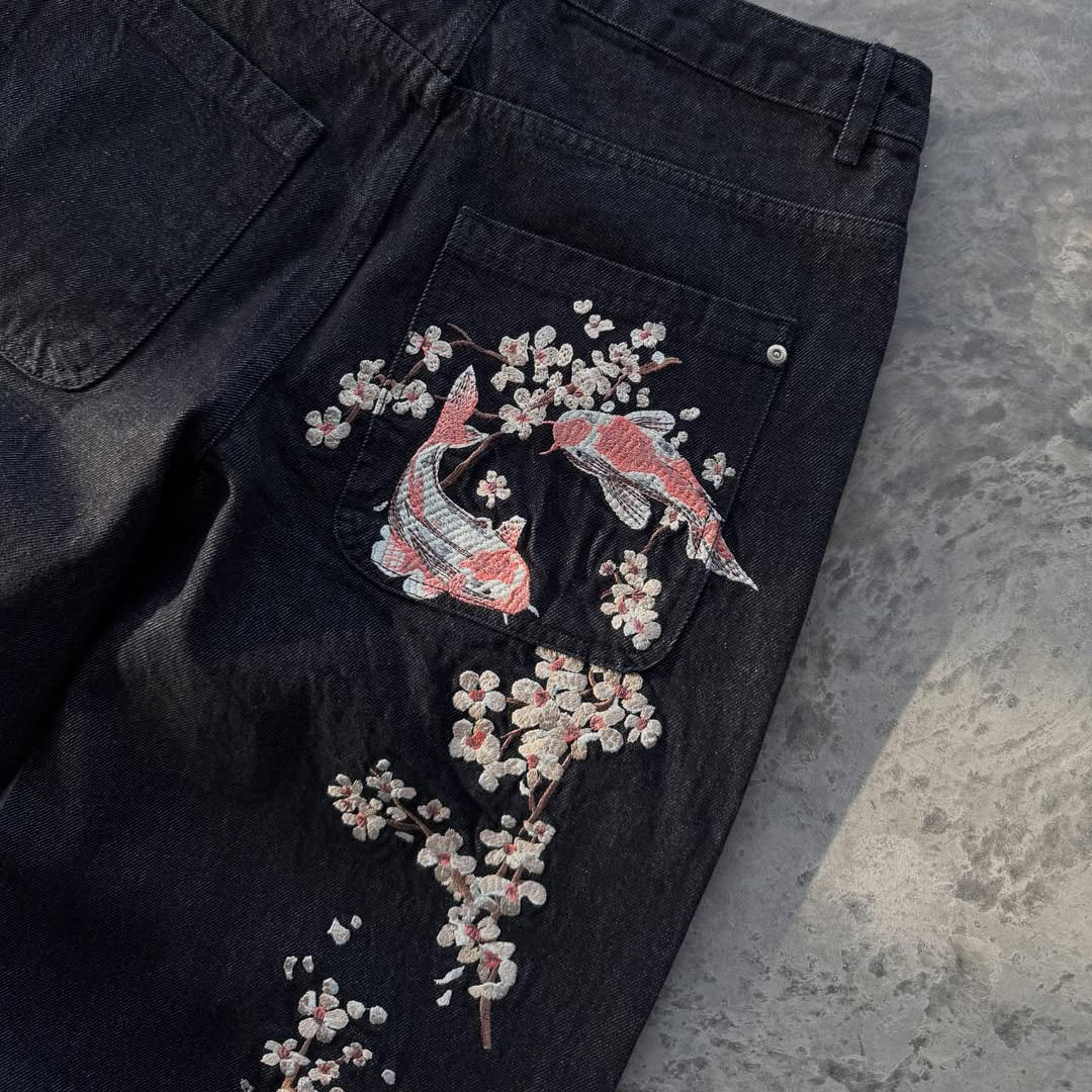 customized Black Cherry Blossom Embroidered Wide-Leg Jeans