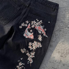 customized Black Cherry Blossom Embroidered Wide-Leg Jeans