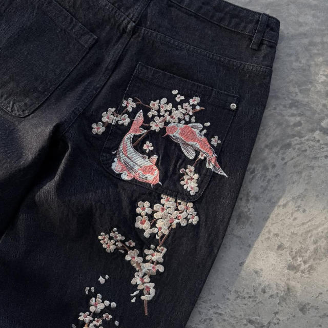 customized Black Cherry Blossom Embroidered Wide-Leg Jeans