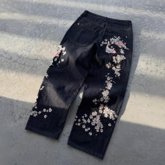 customized Black Cherry Blossom Embroidered Wide-Leg Jeans