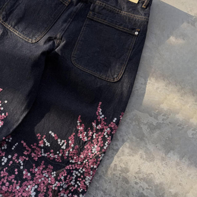 customized Black Cherry Blossom Embroidered Wide-Leg Jeans