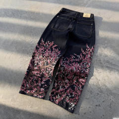 customized Black Cherry Blossom Embroidered Wide-Leg Jeans