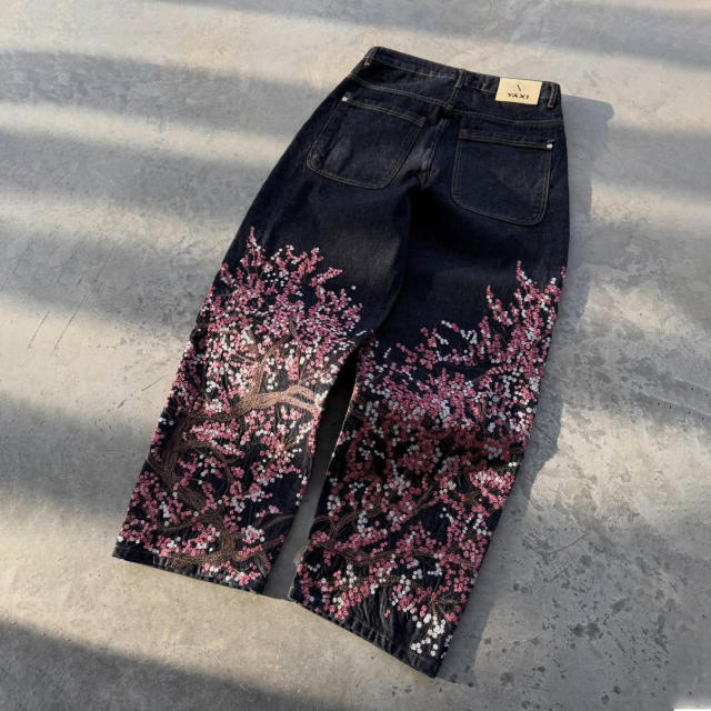 customized Black Cherry Blossom Embroidered Wide-Leg Jeans