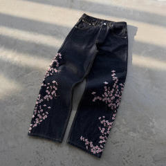 customized Black Cherry Blossom Embroidered Wide-Leg Jeans