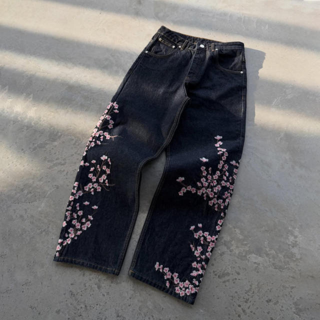 customized Black Cherry Blossom Embroidered Wide-Leg Jeans