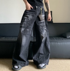 customized Black Cracked Wash Wide-Leg Jeans