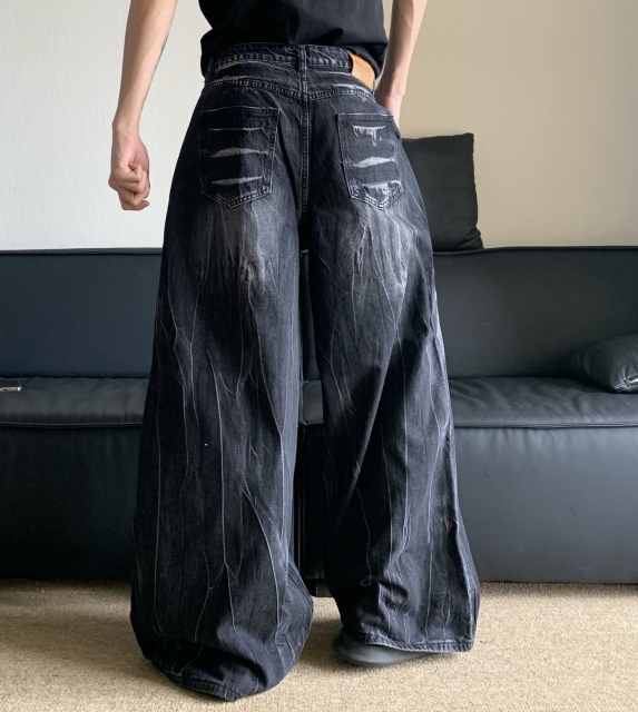 customized Black Cracked Wash Wide-Leg Jeans
