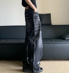 customized Black Cracked Wash Wide-Leg Jeans