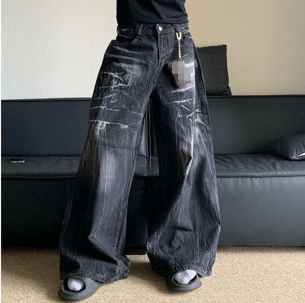 customized Black Cracked Wash Wide-Leg Jeans